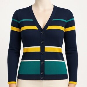 Vtg 100% Wool Navy Blue Striped Button Cardigan Sweater M Preppy Twee 90s Y2K